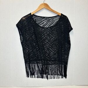 Courtess Black Sheer Crochet Fringe Top size Large